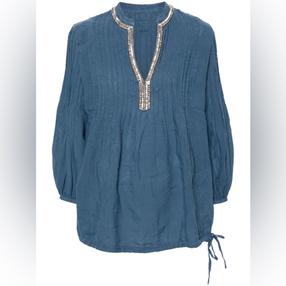120%‎ Lino Navy Beaded Linen Blouse Split Neck US 8 - Picture 10 of 14
